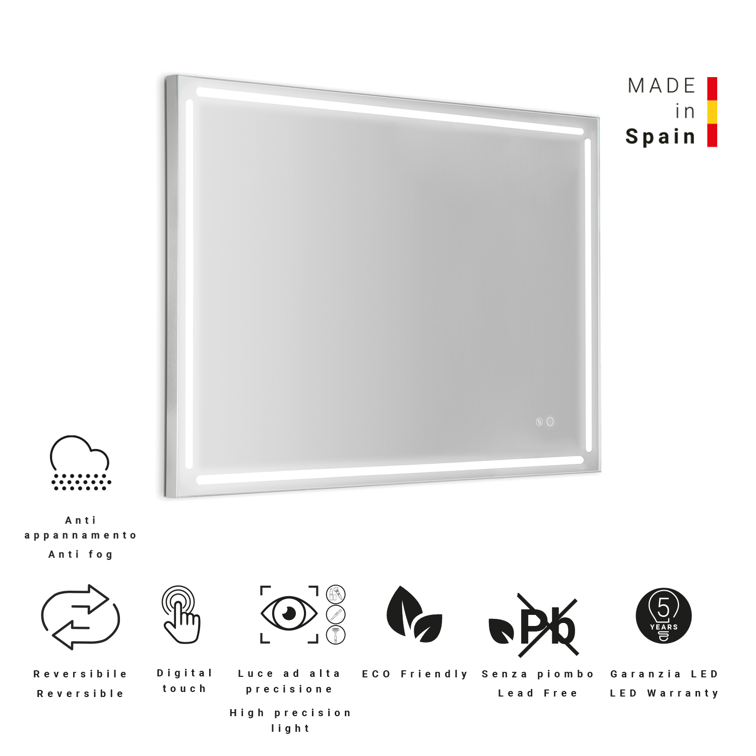 30787-Gedy Specchio Reversibile con Led e Antifog 100x80 cm Paul Spazzolato