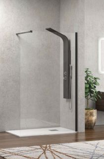 Scheda Parete Walkin H200cm Cristallo Trasparente 8mm Anticalcare Profilo Nero Opaco Reversibile