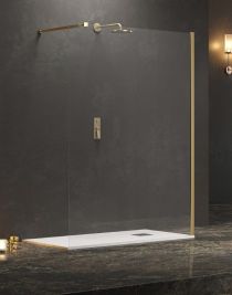 Scheda Parete Walkin H200cm Cristallo Trasparente 8mm Anticalcare Profilo Oro Dorato Reversibile