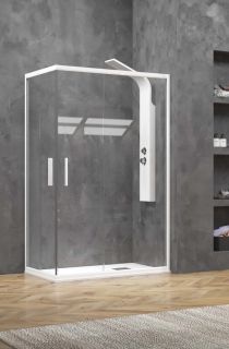 Scheda Box Doccia Cristallo Trasparente 5 mm Telaio Bianco Apertura Scorrevole Angolare Reversibile