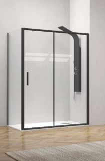 Scheda Box Doccia Cristallo Trasparente 5 MM 2 Lati 1 Fisso e 1 Scorrevole Telaio Nero Opaco