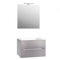 Scheda Mobile Bagno Sospeso Completo di Lavabo in Ceramica Specchio Lampada Led Teak Sabbiato Cannettato