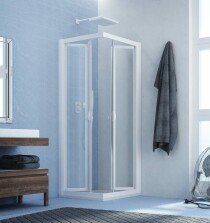 Scheda Cabina Doccia ad Angolo con Doppia Apertura Soffietto Interna Acrilico 2.2mm Telaio PVC Bianco