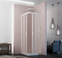 Scheda Box Doccia Acrilico 2.2 MM 2 Lati Apertura Angolare Scorrevole Telaio PVC Bianco - Reversibile