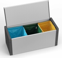 Scheda Adventa: Cassapanca per Raccolta differenziata in resina di PVC e PP Misura: 85L x 34P x 38H cm