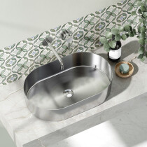 Scheda Lavabo da Appoggio Ovale in Acciaio Inossidabile e PVD Colore Acciaio Spazzolato Misura 55 x 35 cm