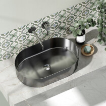 Scheda Lavabo da Appoggio Ovale in Acciaio Inossidabile e PVD Colore Canna di Fucile Misura 55 x 35 cm