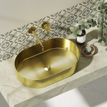 Scheda Lavabo da Appoggio Ovale in Acciaio Inossidabile e PVD Colore Oro Misura 55 x 35 cm