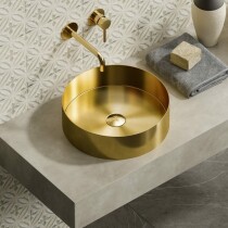 Scheda Lavabo da Appoggio Rotondo in Acciaio Inossidabile e PVD Colore Oro Misura 38 x 38 cm