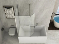 Scheda Sopravasca in vetro 6mm Trasparente con lato fisso 70cm e lato porta 85+40cm deflettore h140cm