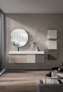 Scheda Mobile Bagno Sospeso Pixel 03 Colore Olmo Rousseau, Bianco e Grigio Carbone 80x46 cm