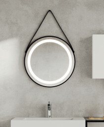 Scheda Specchio Luminoso Rotondo con Cinghia in Pelle Nera Modello Pendolo