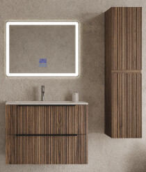 Scheda Mobile Bagno Sospeso effetto Legno Plissettato con Colonna e Specchio Led Lignum