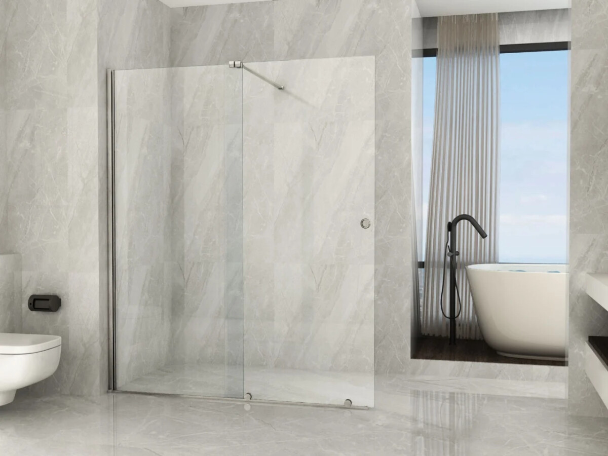 Scheda Parete Doccia in Cristallo 8 mm Walk-in con Sistema di Porta Scorrevole Telaio Spazzolato