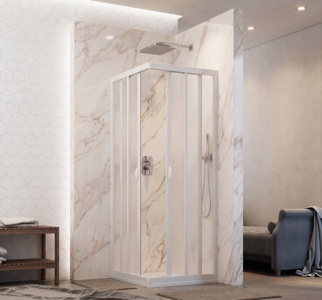 Scheda Box Doccia Acrilico 2.2 MM 2 Lati Apertura Angolare Scorrevole Telaio Bianco - Realizzato su misura