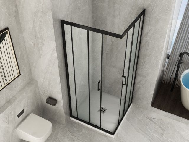 Scheda Box Doccia Nero Cristallo 6 mm Trasparente Apertura Angolare Telaio Alluminio - Reversibile