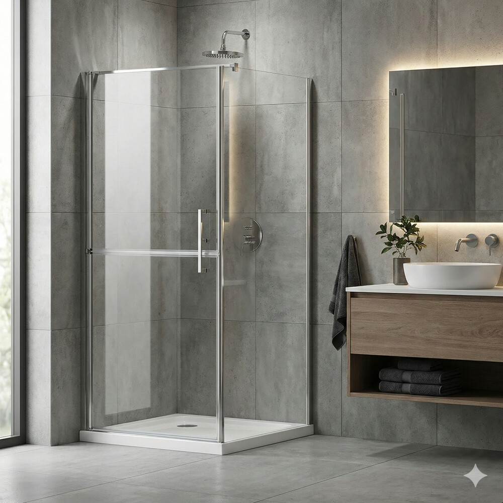 Scheda Box doccia ad angolo fisso piu' battente diviso in 2 senza profili cristallo 6 mm trasparente Revers