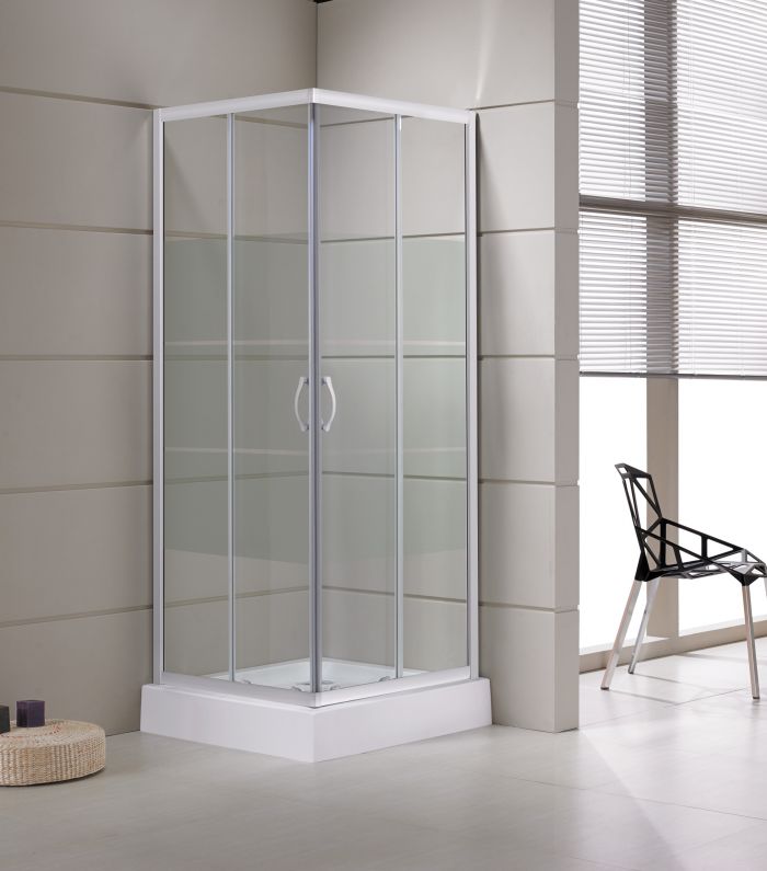 Scheda Box Doccia Angolare Cristallo 4 MM Serigrafato Telaio in Alluminio Bianco - Reversibile