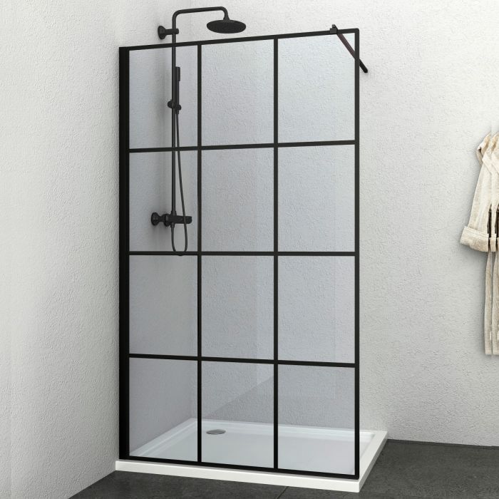 Scheda Parete Doccia Walk-In in Cristallo 8 mm Anticalcare Profilo Nero Stampa a riquadro