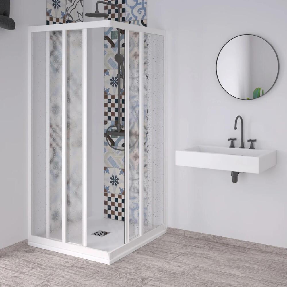 Scheda Box doccia acrilico 1.8 mm 2 lati apertura angolare scorrevole telaio bianco - Reversibile