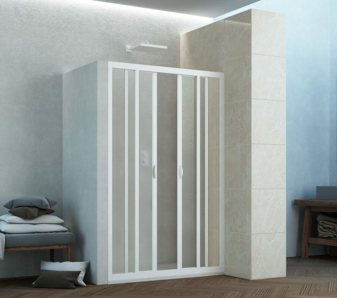 Scheda Box Porta Doccia Acrilico 2.2 MM 1 Lato Apertura Centrale Scorrevole Telaio PVC Bianco