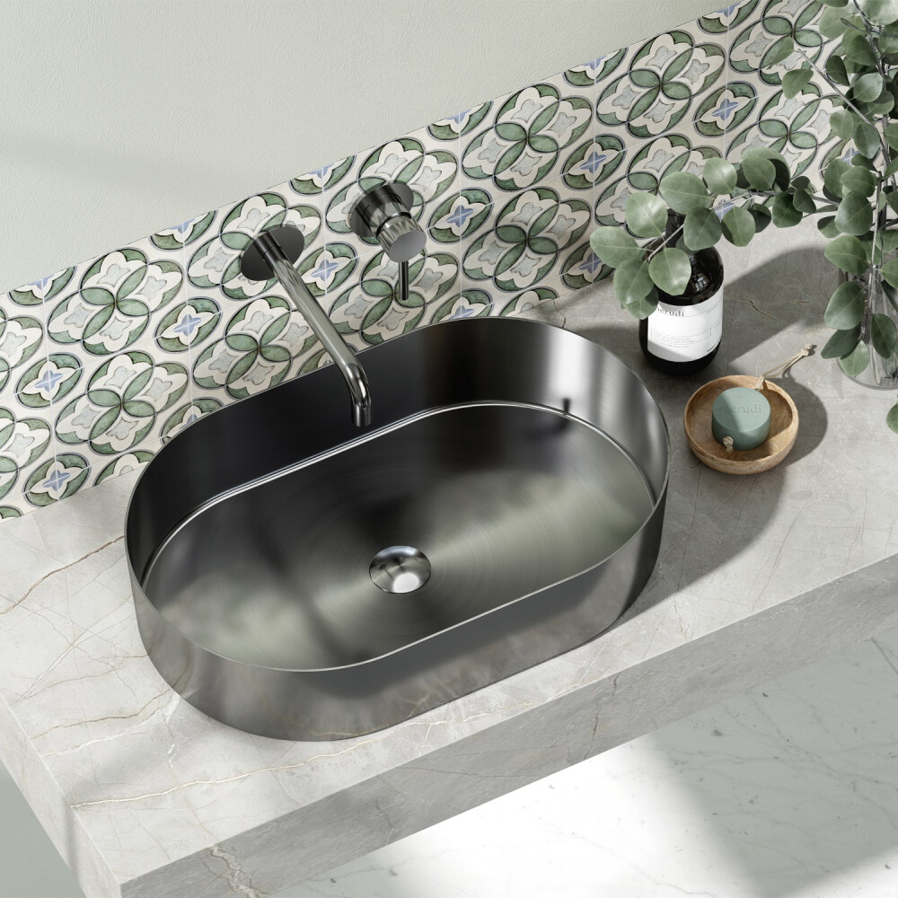 Lavabo da Appoggio Ovale in Acciaio Inossidabile e PVD Colore Canna di Fucile Misura 55 x 35 cm