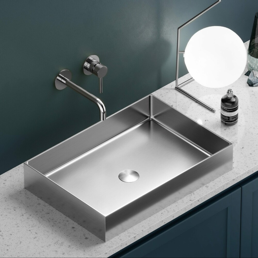 Lavabo da Appoggio Rettangolare Acciaio Inossidabile PVD Colore Acciaio Spazzolato Misura 55 x 38 cm