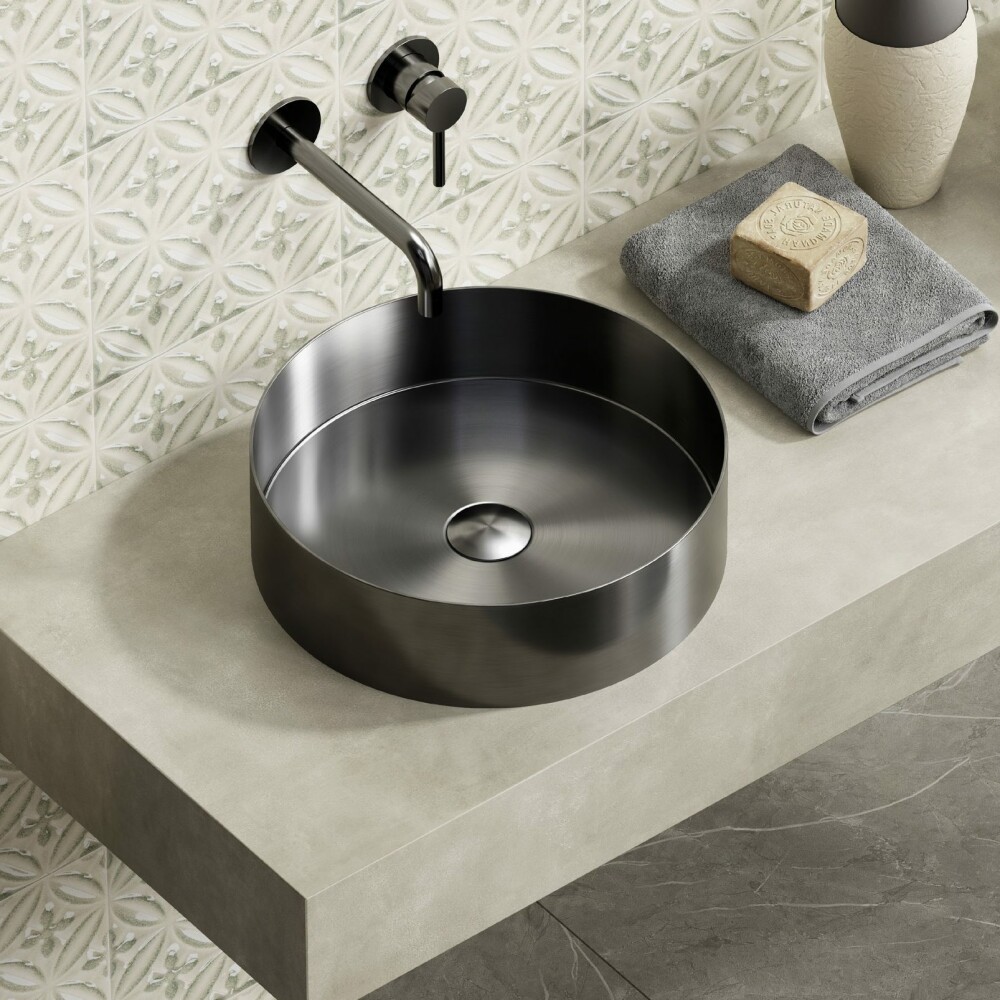 Lavabo da Appoggio Rotondo in Acciaio Inossidabile e PVD Colore Canna di Fucile Misura 38 x 38 cm