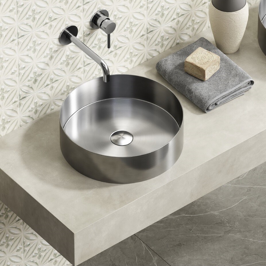 Lavabo da Appoggio Rotondo in Acciaio Inossidabile e PVD Colore Acciaio Spazzolato Misura 38 x 38 cm
