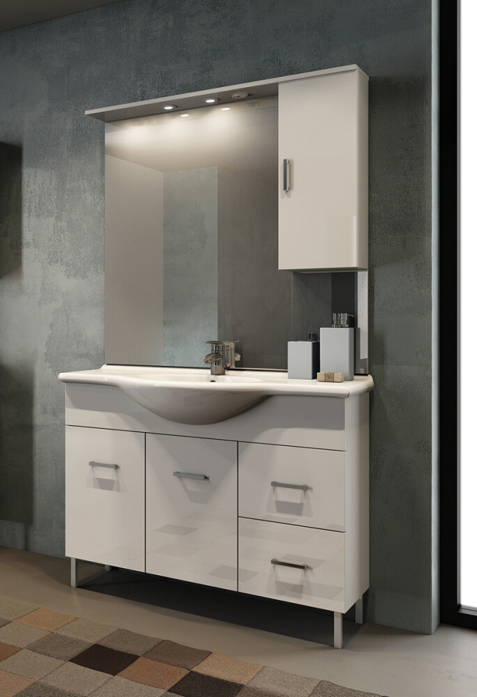 Mobile bagno a terra con piedini - bianco lucido 105 cm