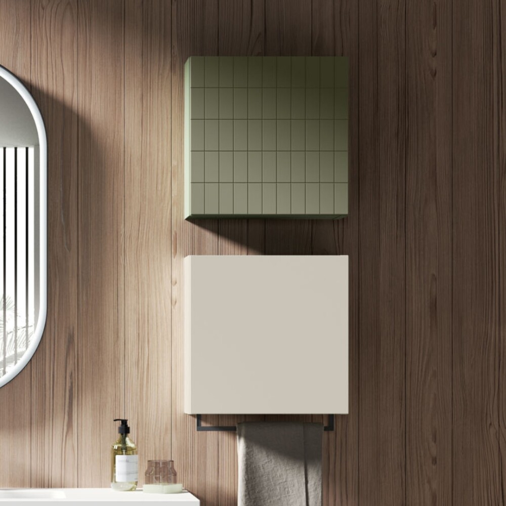 Colonna per Mobile Bagno Sospeso Pixel 02 Colore Verde Salvia, Grigio Pastello e Bianco.