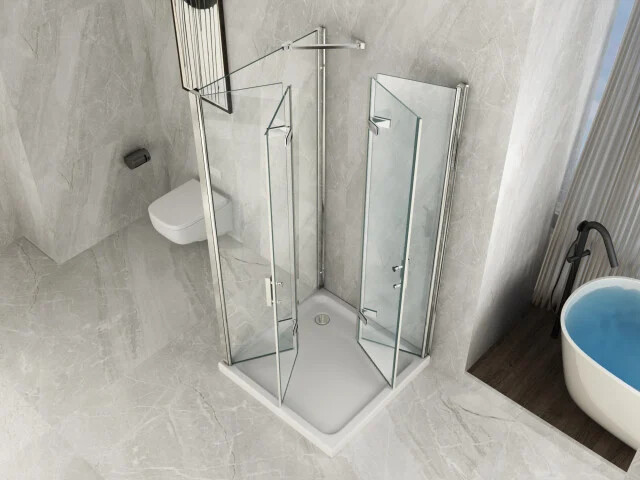 Scheda Box doccia cristallo 8 MM frameless tre lati fisso piu' apertura con doppia porta a libro