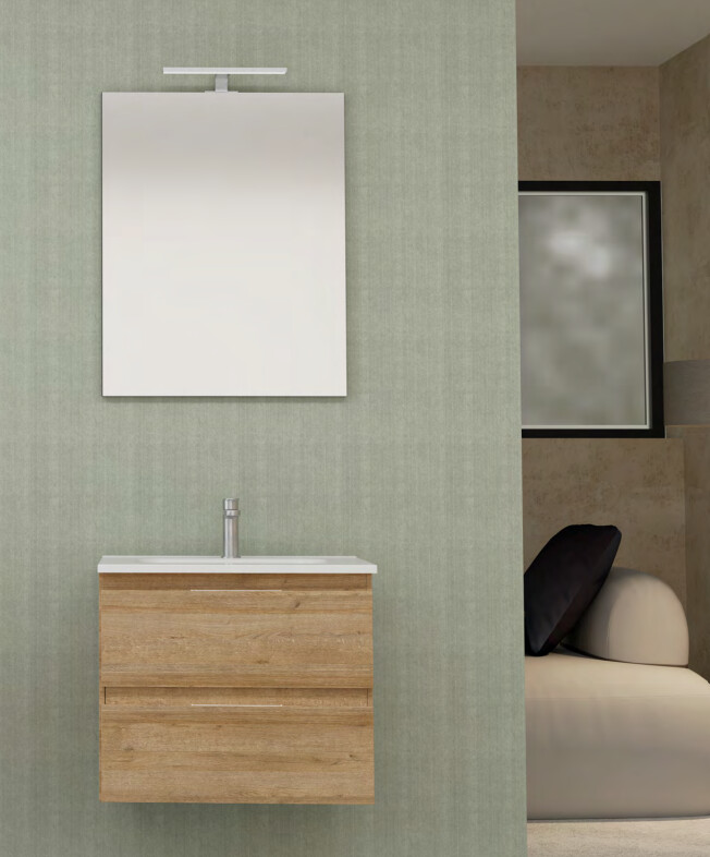 Mobile bagno sospeso Friendly completo di lavabo e specchio - Colore Rovere