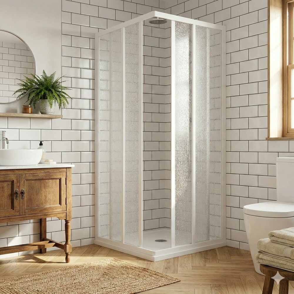 Scheda Box Doccia Scorrevole Angolare Lastre Acrilico Opaco 1.5mm Telaio PVC Bianco Reversibile